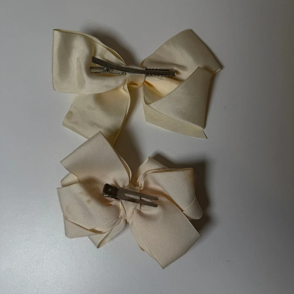 Set of‎ 2 Girls Hair Bows Cream Grosgrain Burlap Polka Dot Clip